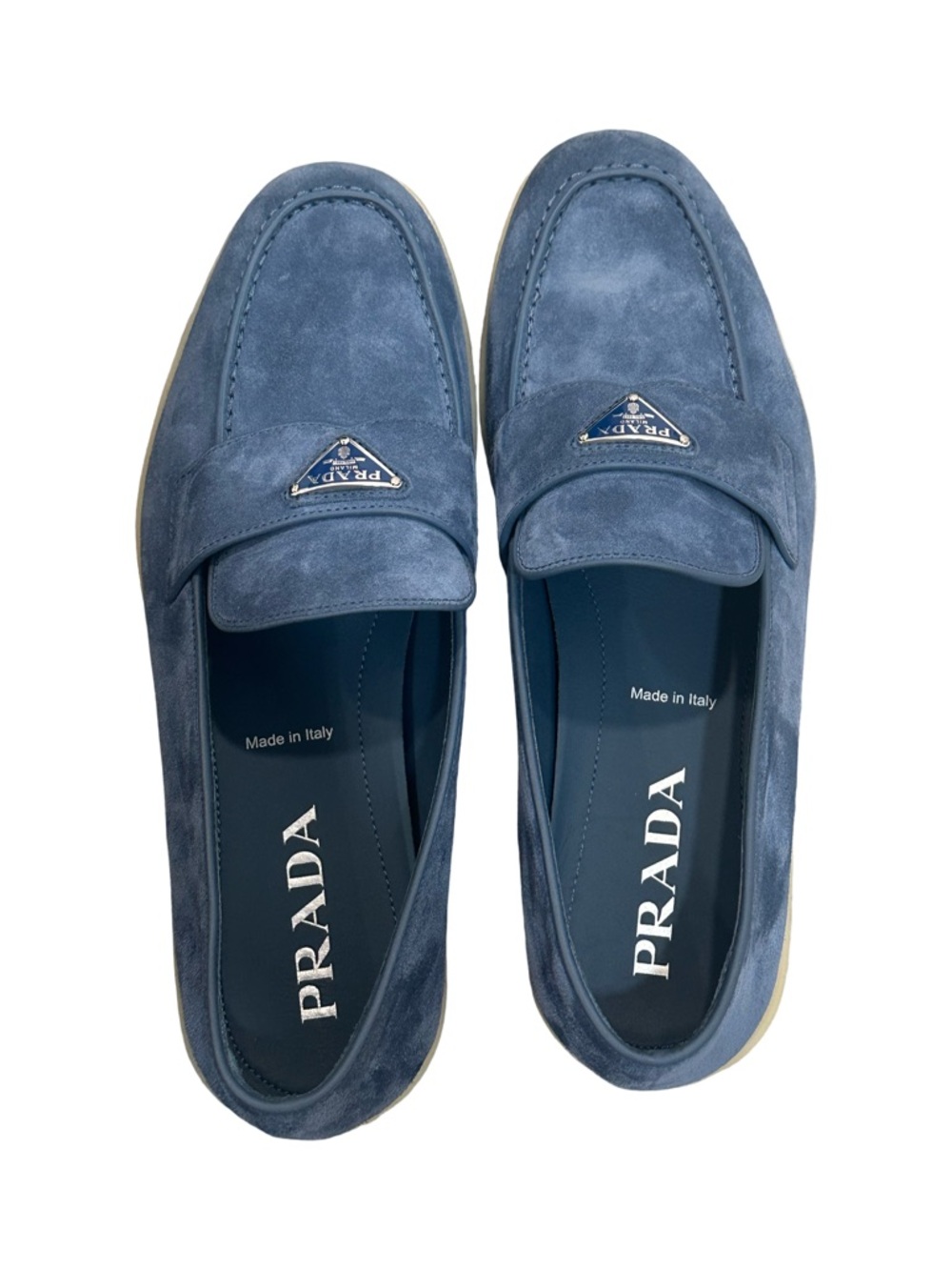 NWOT Prada Men’s Size 7.5 Imperial Blue Logo-Plaque Suede Loafers